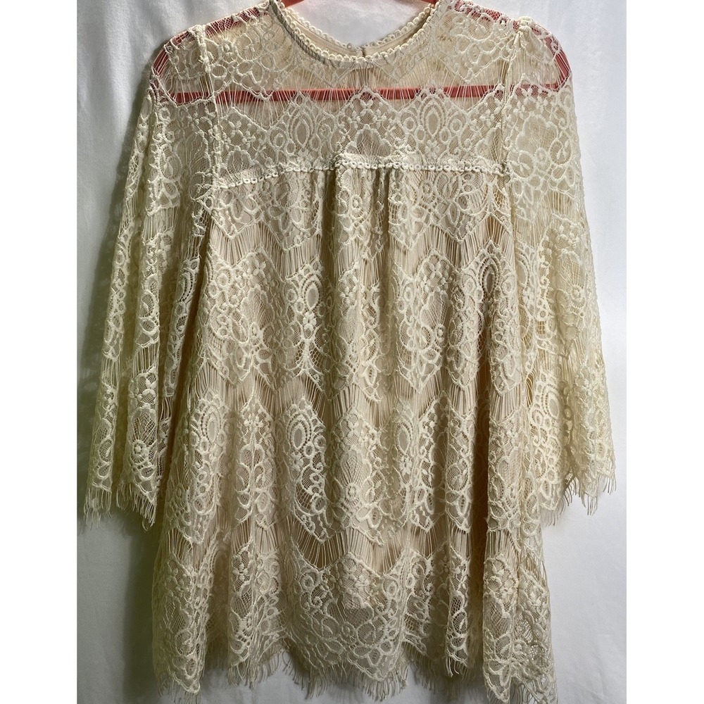 Boho Lace Layered Blu Pepper Womens Babydoll Dress 100% Cotton M Ivory Summer